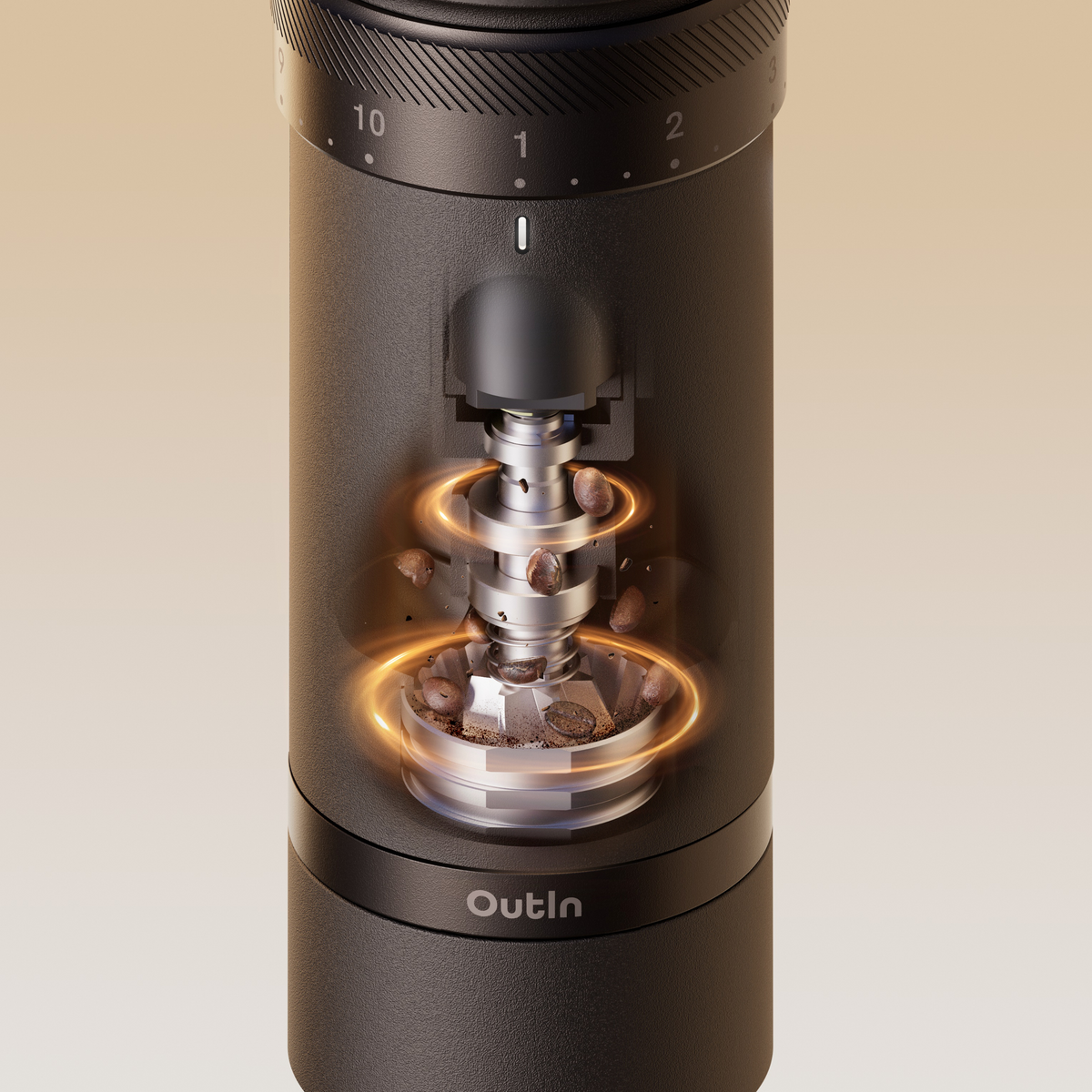 Close-up of the OutIn Fino conical burr grinding beans