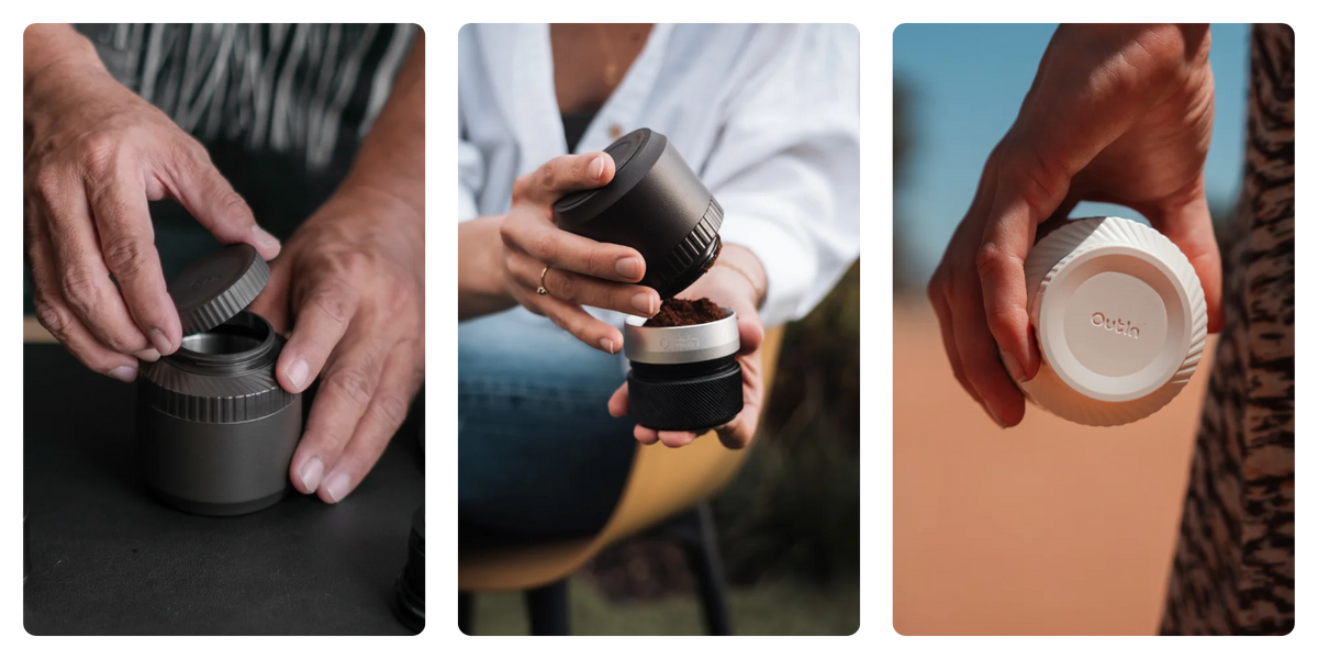 Storing fresh coffee grounds in the OutIn Fino cup and taking them outdoors