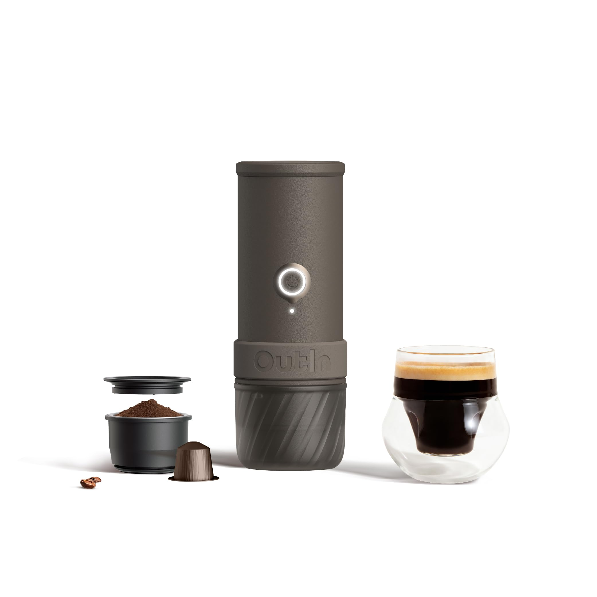 OutIn Mino Space Grey portable espresso machine with accessories and espresso